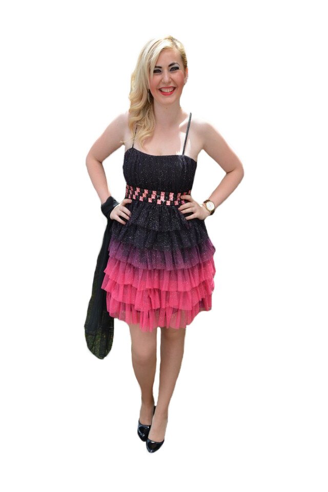 Rochie cu decolteu in V, Detaliu floral aplicat, D&J Exclusive, Negru-Roz