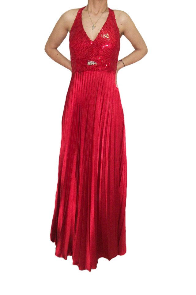 Rochie plisata din saten cu insertie de paiete stralucitoare, D&J Exclusive, Rosu
