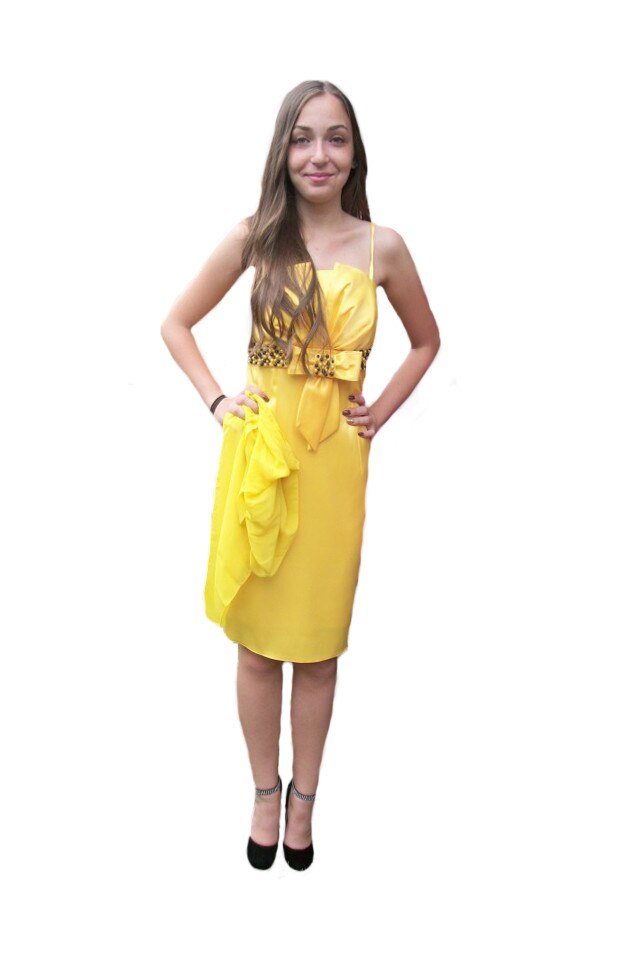 Rochie de ocazie din saten cu insertii de margele, D&J Exclusive, Galben