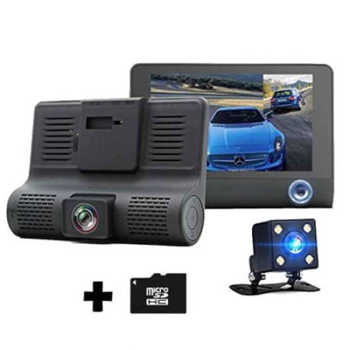 Camera auto video Reflection Vision® DVR tripla: fata, spate, interior, display 4" inch Full HD , design tip monitor + Card MicroSD 16GB