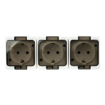 Priza tripla, Abex, aparenta, cu capac, contact de protectie, alba Priza tripla, Abex, aparenta, cu capac, contact de protectie, alba