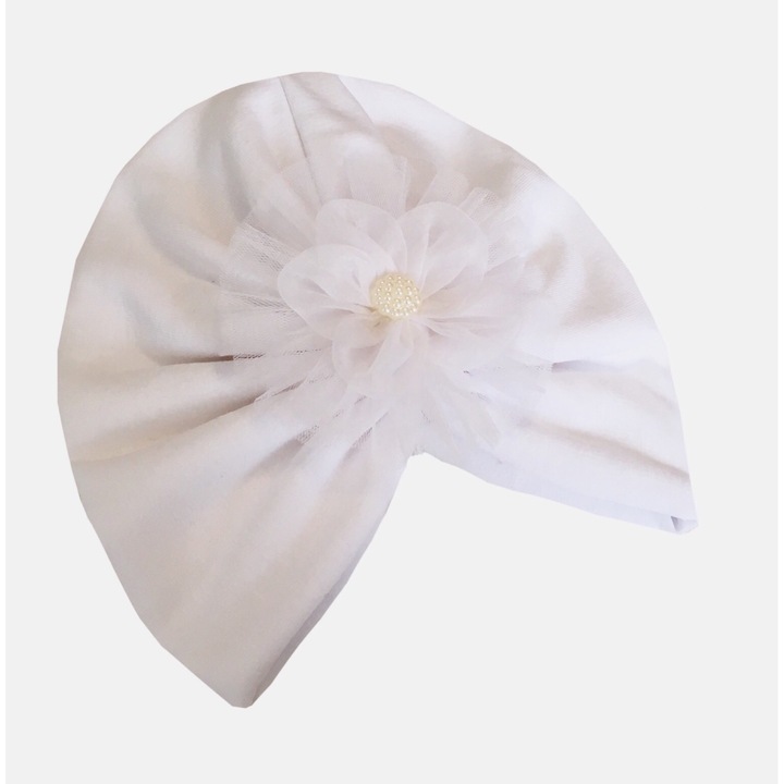 Turban toamna alb cu floare alba ocazie botez`12`, Alb