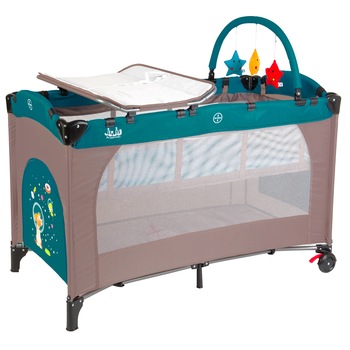 Patut pliant Juju Sleepy Baby, 2 nivele, Space Doggy, Bej/Verde Patut pliant Juju Sleepy Baby, 2 nivele, Space Doggy, Bej/Verde
