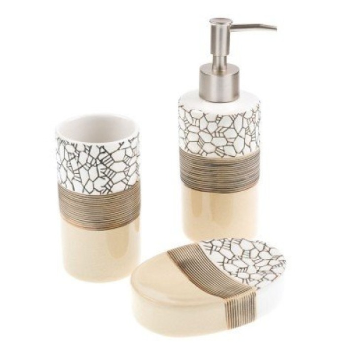 Set din ceramica pentru baie, 3 piese, pahar pentru periuta de dinti, sapuniera, dozator sapun lichid, decor baie, design mozaic