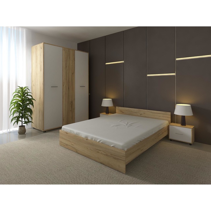 Set Dormitor Toronto,stejar+alb,pat 160x200cm,sifonier 124x187cm