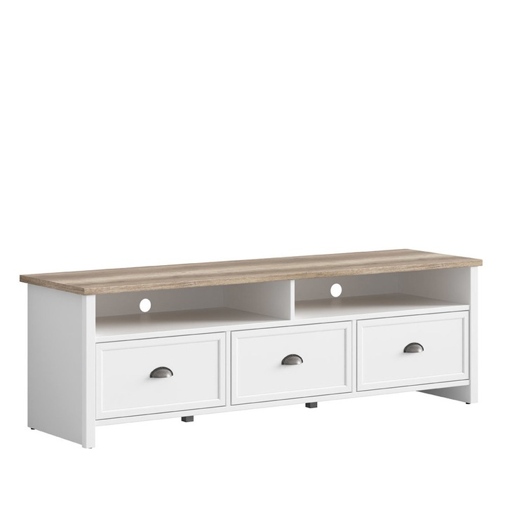 Comoda TV Cannet RTV 3S, Genarom, Alb/ Stejar Monument, 160 x 51 x 45 cm