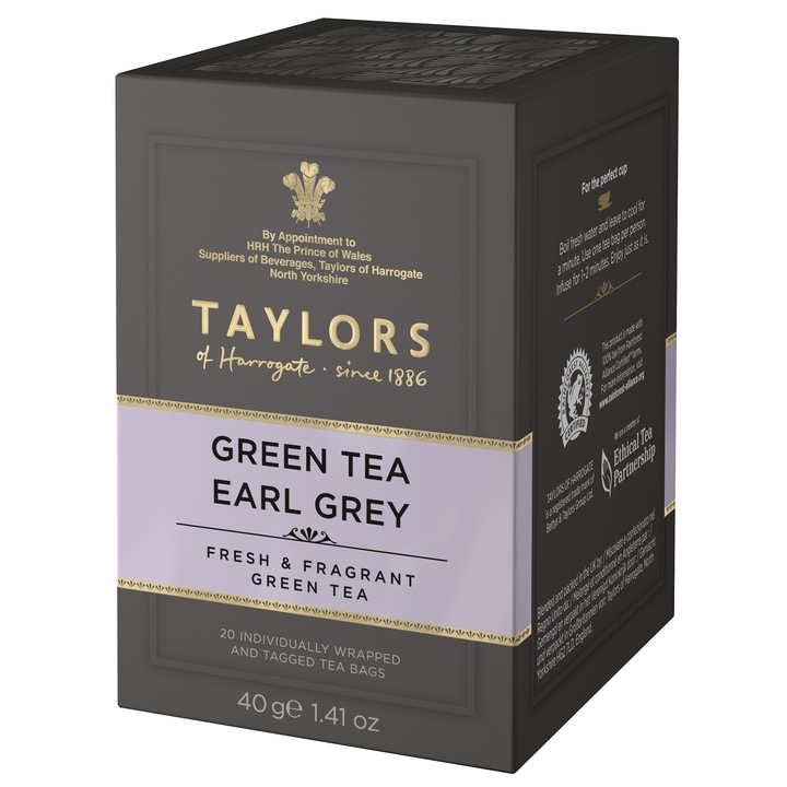 Ceai Verde Earl Grey Taylors of Harrogate, 20 pliculete, 40 gr.