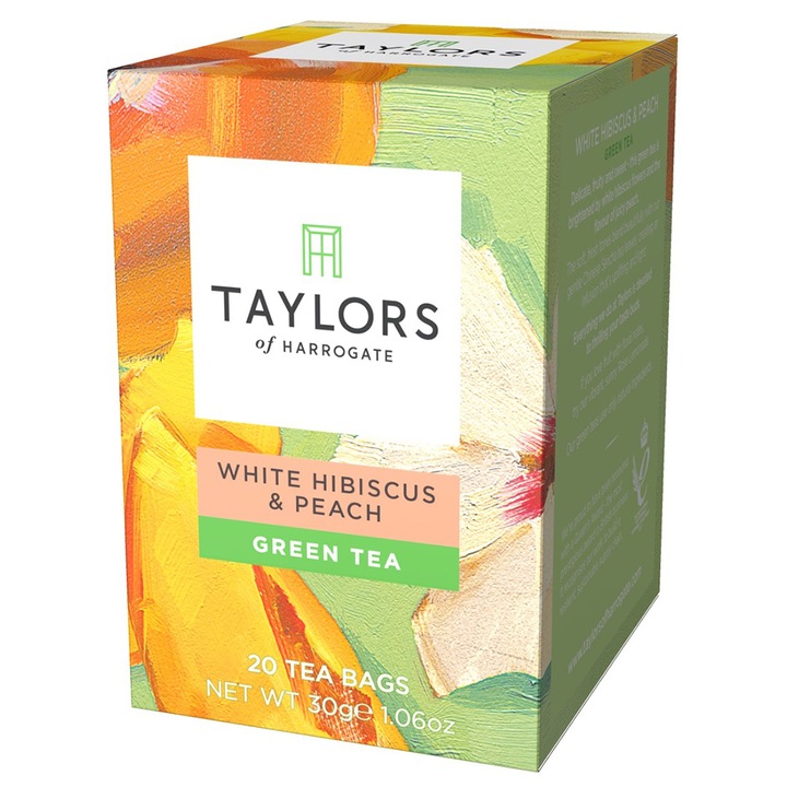 Ceai Verde cu Hibiscus si Piersica Taylors of Harrogate, 20 pliculete, 30 gr.