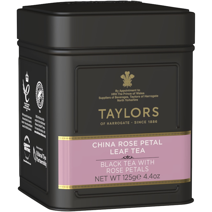 Черен чай с розови листенца Taylors of Harrogate, Метална кутия, Листа, 125 гр.