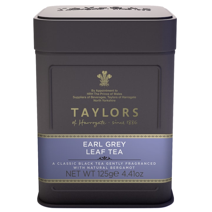 Ceai Negru Earl Grey Taylors of Harrogate, Cutie Metalica, Frunze, 125 gr.