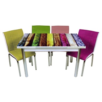 Set masa extensibila din MDF acoperit cu sticla Parlayan® cu 4 scaune din piele ecologica , 60X90 pliata, 60X150 extinsa, pentru living si bucatarie, picioare cromate, Scanduri multicolore Set masa extensibila din MDF acoperit cu sticla Parlayan® cu 4 scaune din piele ecologica , 60X90 pliata, 60X150 extinsa, pentru living si bucatarie, picioare cromate, Scanduri multicolore