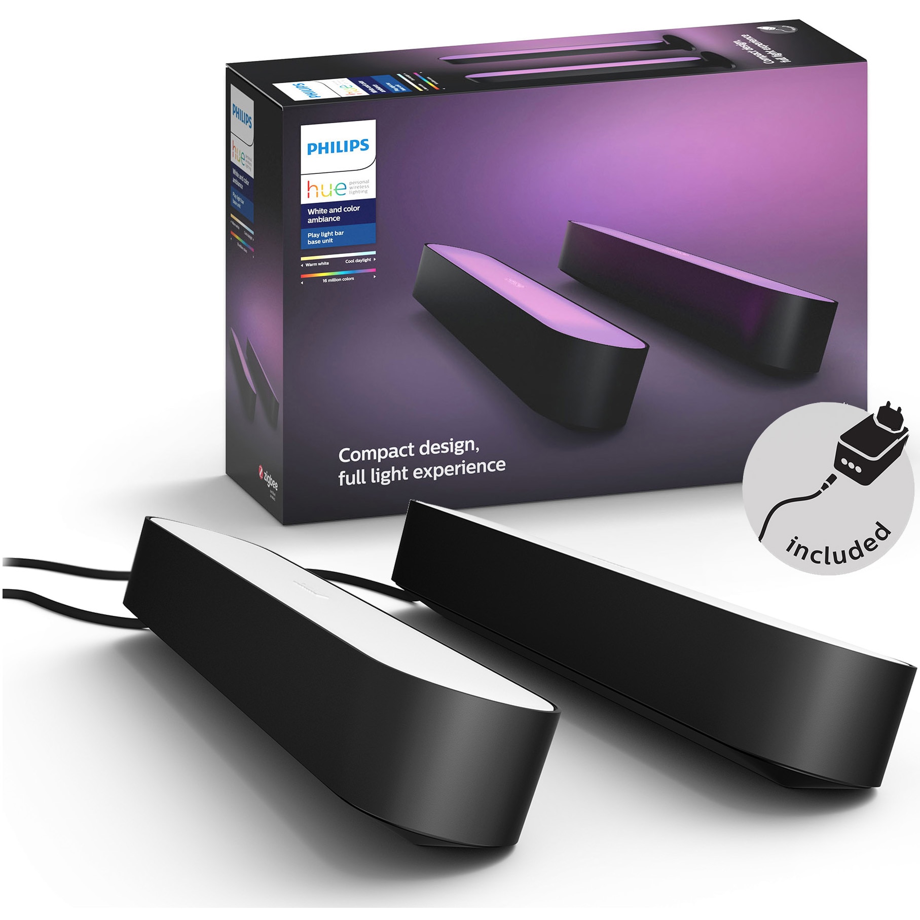 Pachet 2 lampi LED integrat Philips HUE Play, 500 lm, ambianta alba si color (2000-6500K), 25.3 cm, Negru, clasa energetica G