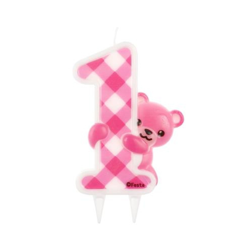 Lumanare aniversara pentru tort, Cifra 1, ''Pink Teddy'', 12cm