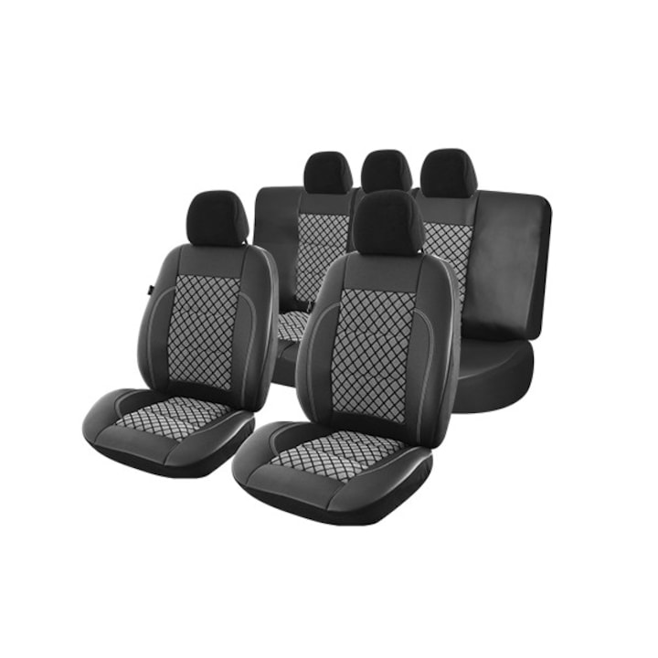 Комплект универсални калъфи за автомобилни седалки, Exclusive Leather Premium Edition, Екологичен кожен материал + текстилни вложки, 11 части, SMARTIC®, BlackGrey
