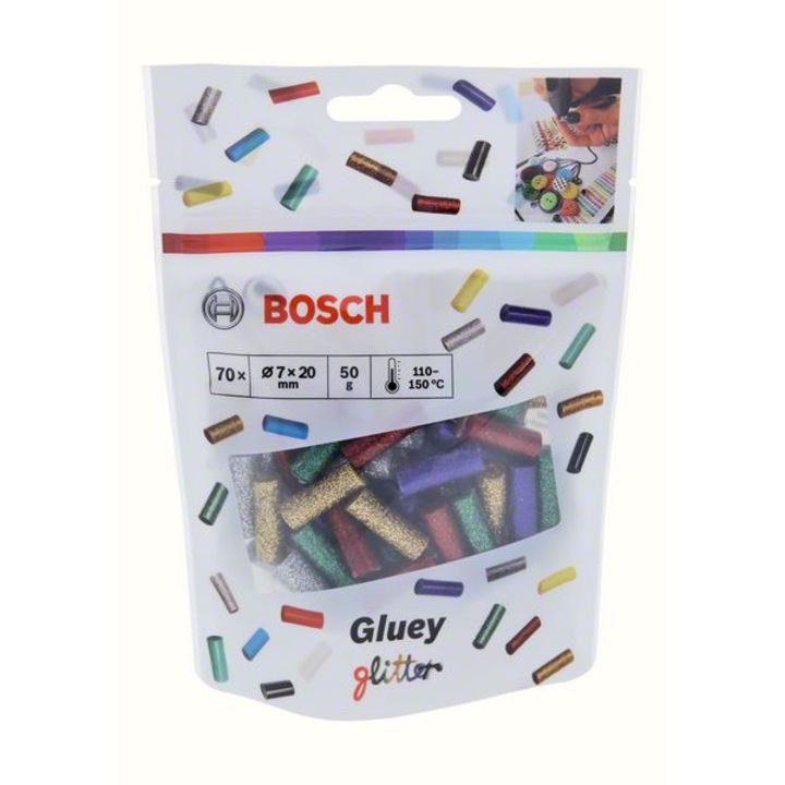 Set 70 bahete pentru lipit Bosch GLUEY Sticks Glitter Mix, 7 mm diametru, 20 mm lungime