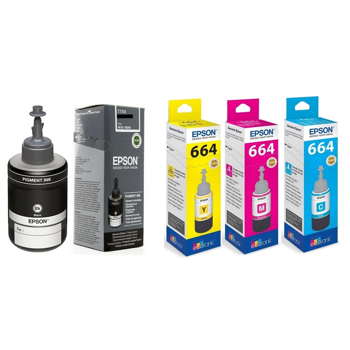 Epson Utántöltő tintapalack csomag, T7741 fekete, T6642 cián, T6643 bíbor, T6644 sárga, eredeti, 28500 oldal