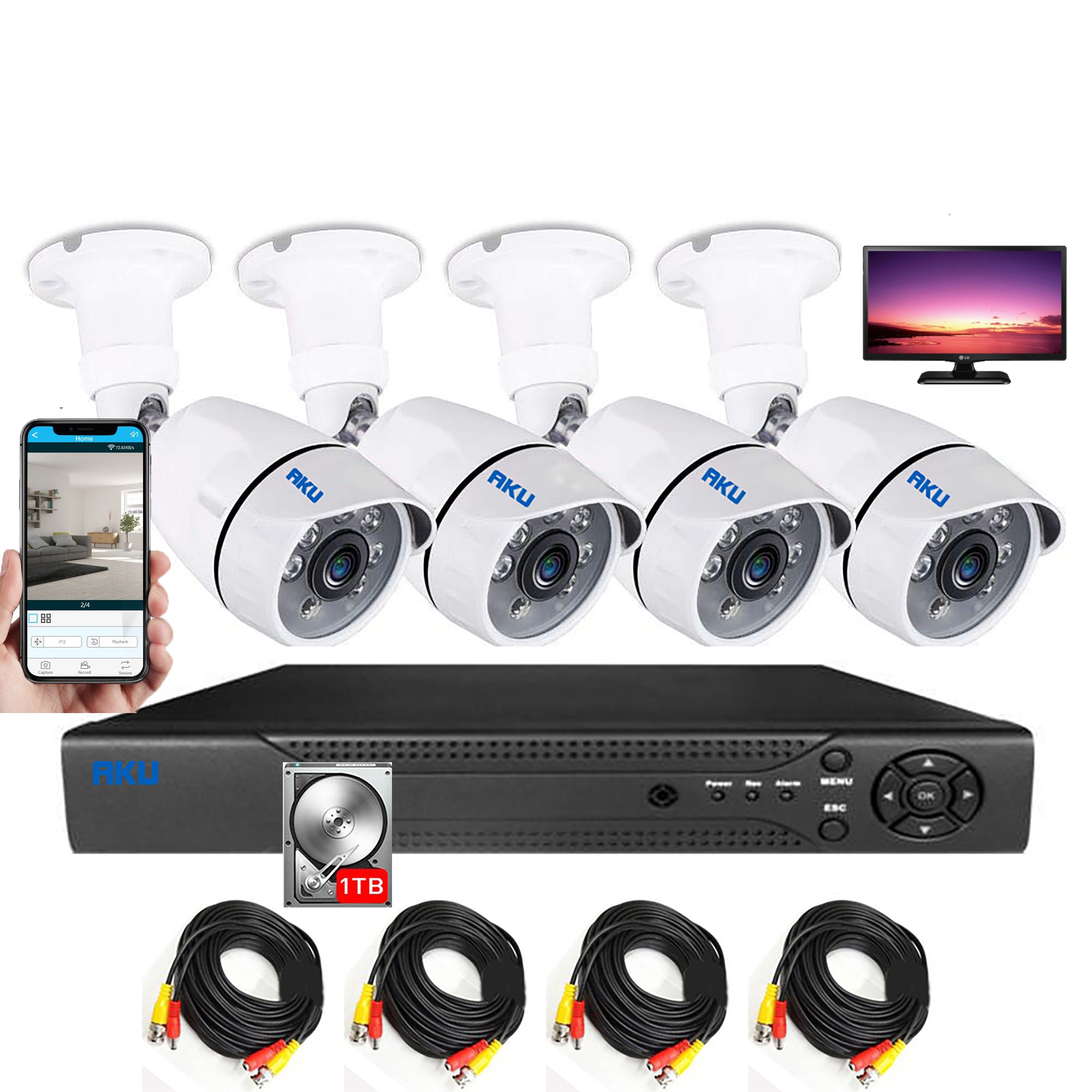 Kit supraveghere video AKU 4 camere SUPER CLEAR AHD 2MP + HDD 1 TB +Monitor LG 19