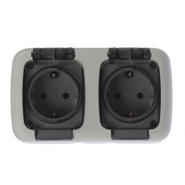 Priza dubla, Comtec, aparenta, rama inclusa, contact de protectie, gri