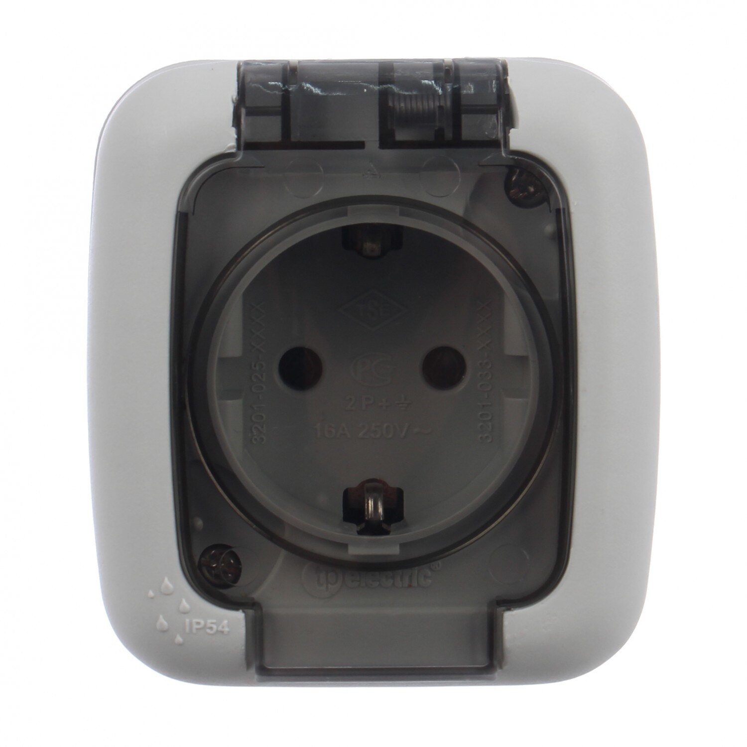 Priza Comtec, aparenta, simpla, rama inclusa, cu capac, contact de protectie, culoare gri