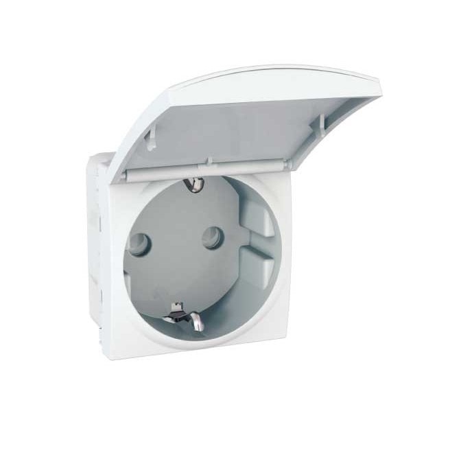 Priza Schneider Electric, simpla, incastrata, modulara - 2, cu capac, contact de protectie, alba, 45 x 45 x 40 mm