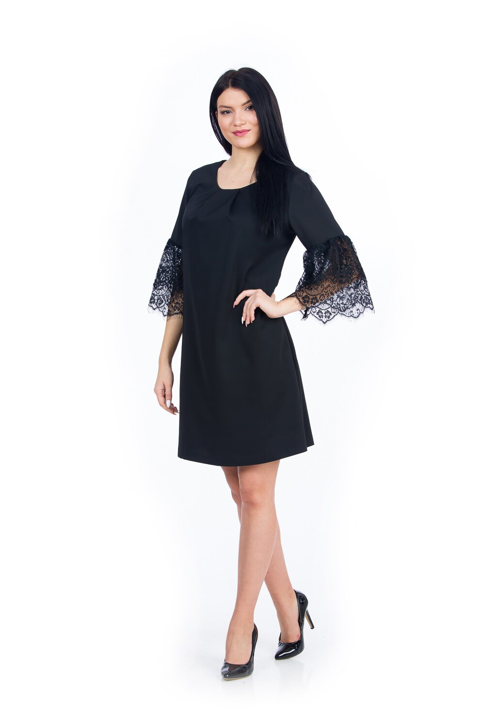 Rochie rosie cu dantela la maneca, Negru
