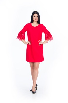 Rochie rosie cu dantela la maneca, Rosu Rochie rosie cu dantela la maneca, Rosu