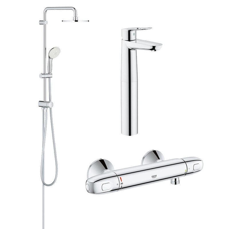 Pachet coloana dus Grohe New Tempesta 200, crom, montare pe perete, plus baterie dus termostat Grohtherm 1000 New, plus baterie lavoar montare pe blat Grohe Bauloop XL