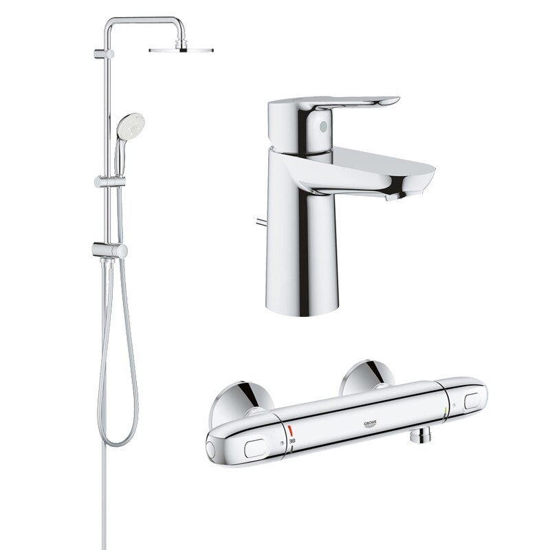 Coloana dus Grohe New Tempesta 200, crom, montare pe perete, baterie termostat Grohtherm 1000 New, plus baterie lavoar Grohe Bau Edge marimea S