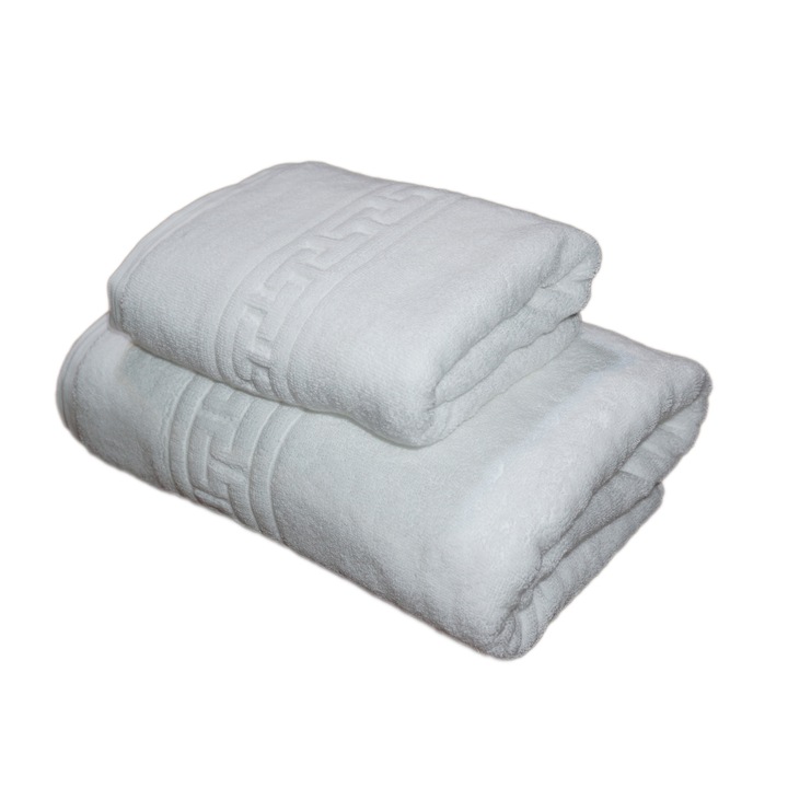 Set 2 prosoape groase, tip hotelier, bumbac 100%, 550gr, ALB, model grecesc
