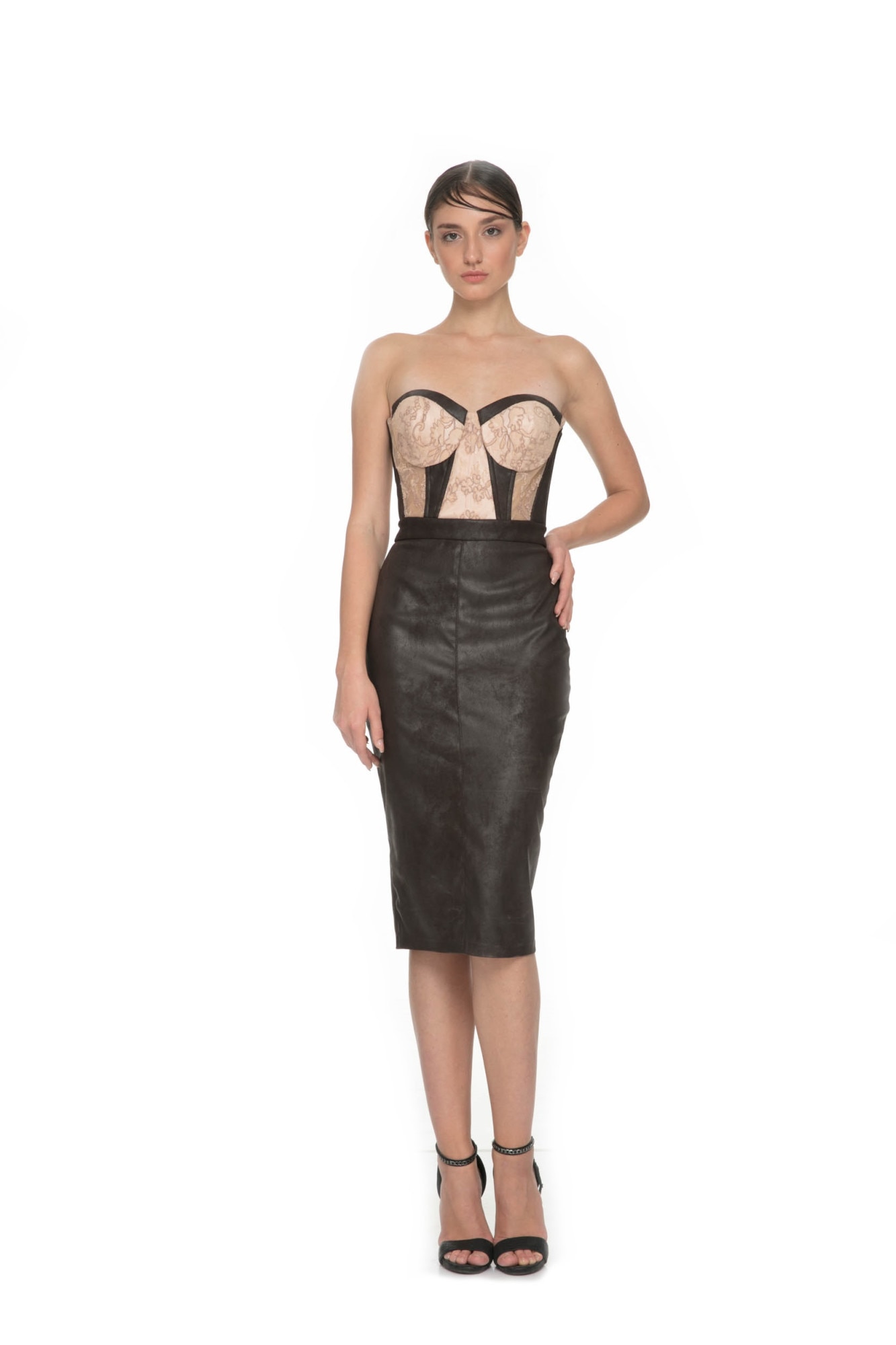 Rochie cu piele si aplicatii de dantela Mayra, culoare maro / auriu, marimea 36-38 EU