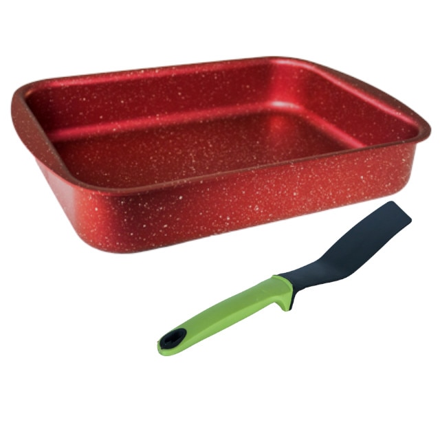 Tava dreptunghiulara Hascevher Germanitium granite 35x30x7cm culoare rosie cadou spatula