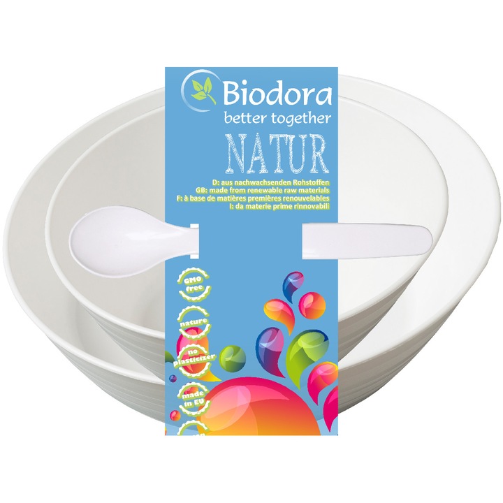 Детски комплект Biodora, биопластмаса, две купи (0,5 л, 0,3 л) и лъжица
