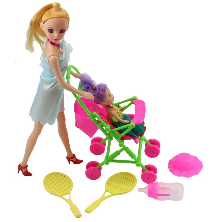 Set papusa SweetGirl, cu bebe si carucior