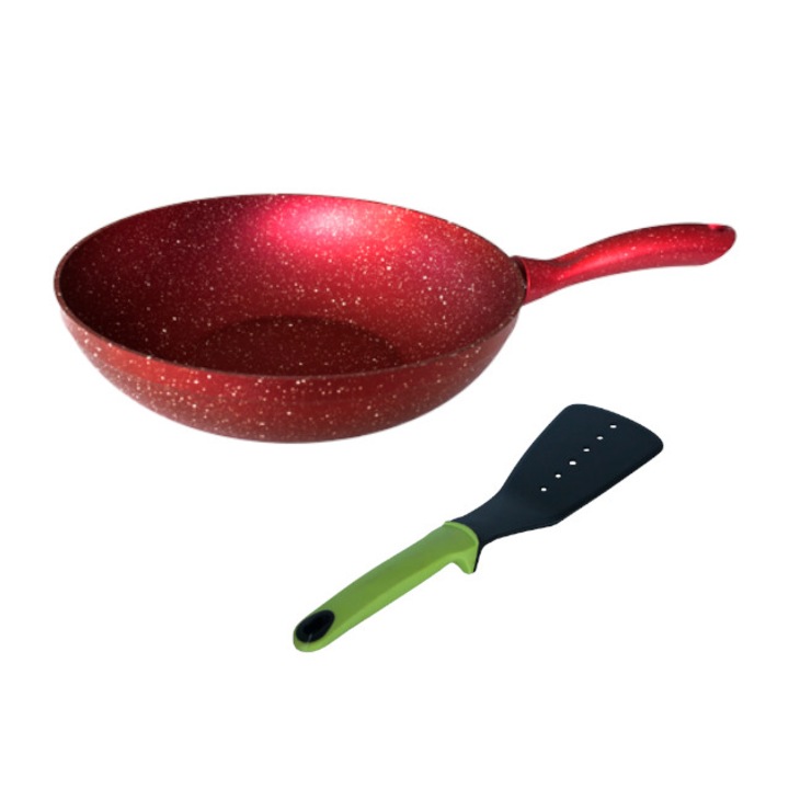 Tigaie Wok Hascevher Germanitium granite 28cm culoare rosie cadou spatula lata