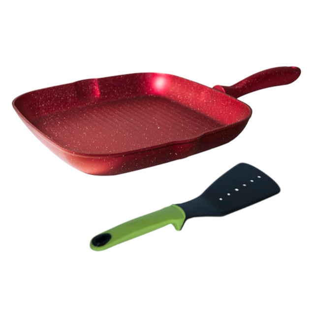 Tigaie grill 28cm Hascevher Germanitium granite culoare rosie cadou spatula lata