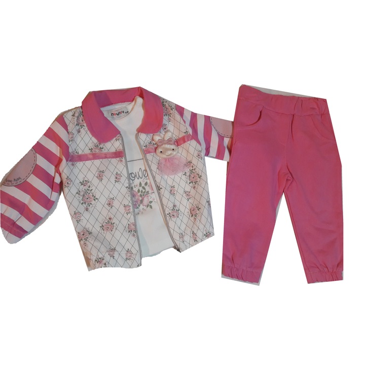Compleu 3 piese, pantaloni, bluza si hanorac, fete, Noynoy, Roz/Alb