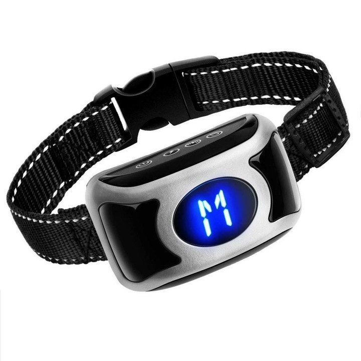 Автоматична яка против лай, регулируема, акумулаторна, електрическа, 4 функции (звук, вибрации, импулси, автоматична защита), 4 нива, водо- и прахоустойчива, светлоотразителна лента, черно/сребристо