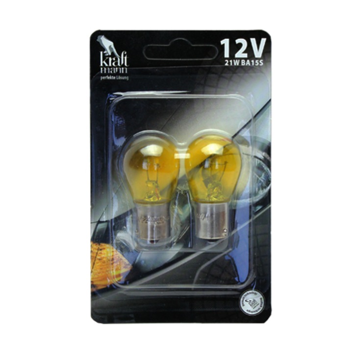 Bec Kraftmann 12V, 21W, BA15S, o faza semnalizare galben, 2 buc