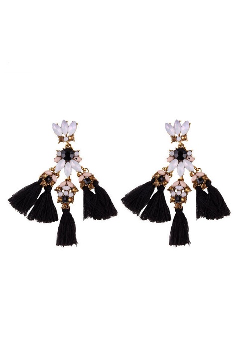 Cercei Cu cinci canafi si medalioane cu cristale stralucitoare, Negru