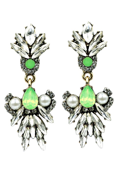 Cercei Eleganti riflesso cu perle si cristale albe si verzi, Verde deschis