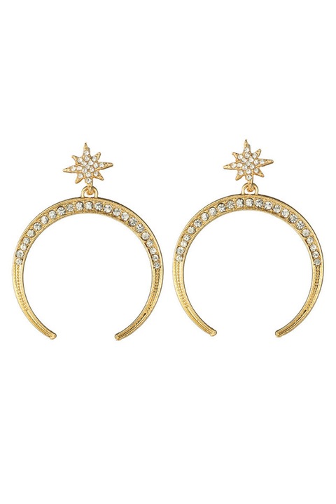 Cercei Eleganti cu steluta si semiluna decorata cu cristale albe, Auriu