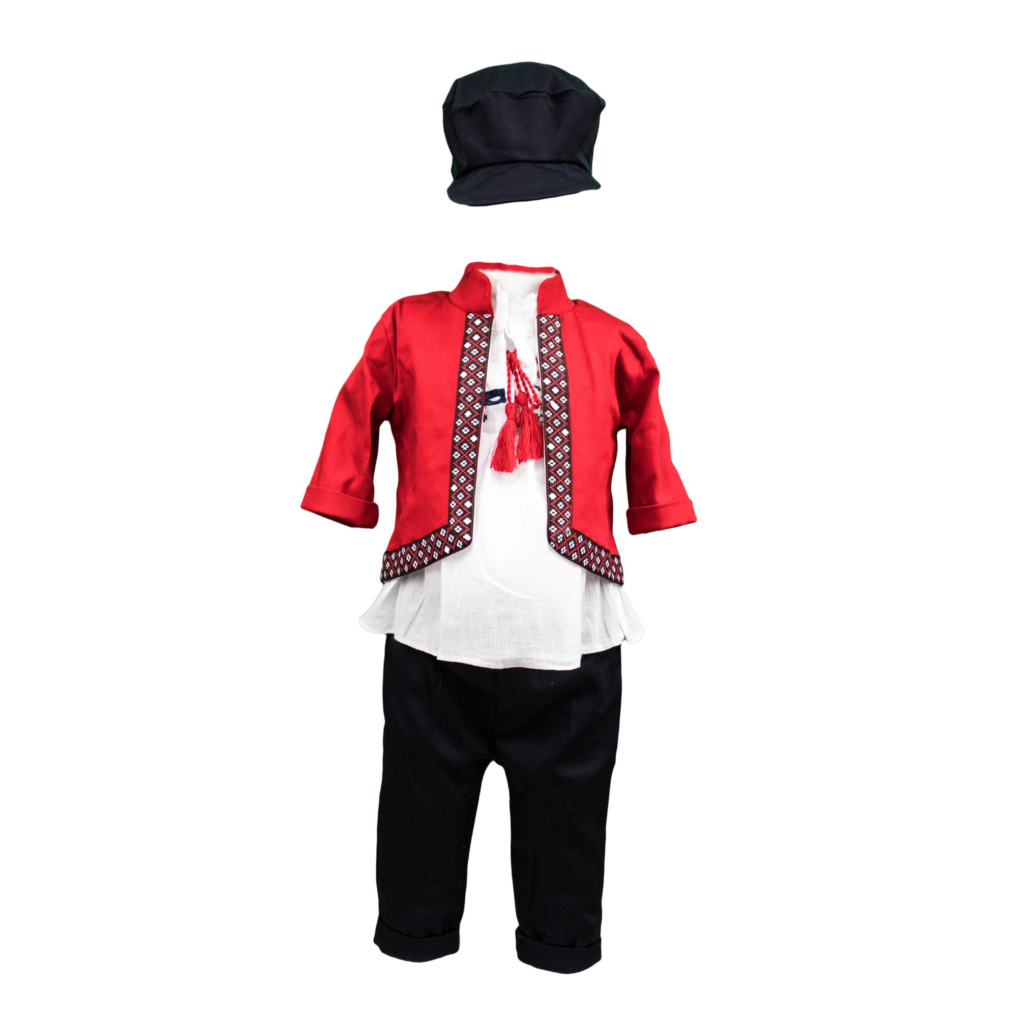 Costum botez motive traditionale Catalin, culoare rosu-bleumarin, varsta 3 luni