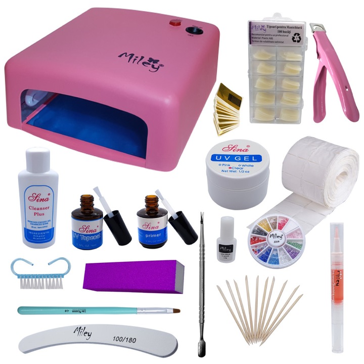 Kit Unghii False cu Lampa UV, Decoratiuni, Tipsuri si Geluri Constructie