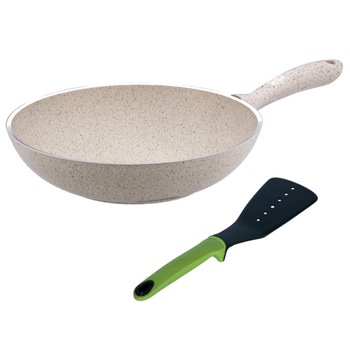 Tigaie wok Hascevher Germanitium granite 28cm culoare crem cadou spatula lata Tigaie wok Hascevher Germanitium granite 28cm culoare crem cadou spatula lata