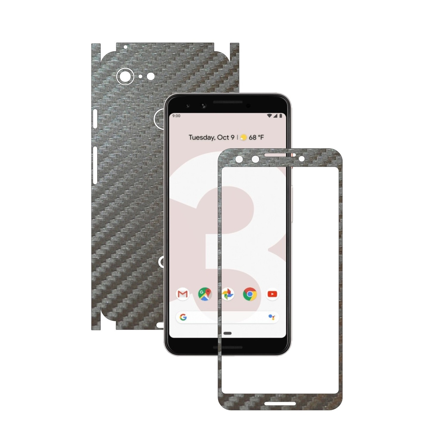Folie de protectie Carbon Skinz pentru Google Pixel 3 - Carbon Gri Argintiu 360 Cut, Skin Adeziv Full Body Cover pentru Rama Ecran, Carcasa Spate si Laterale