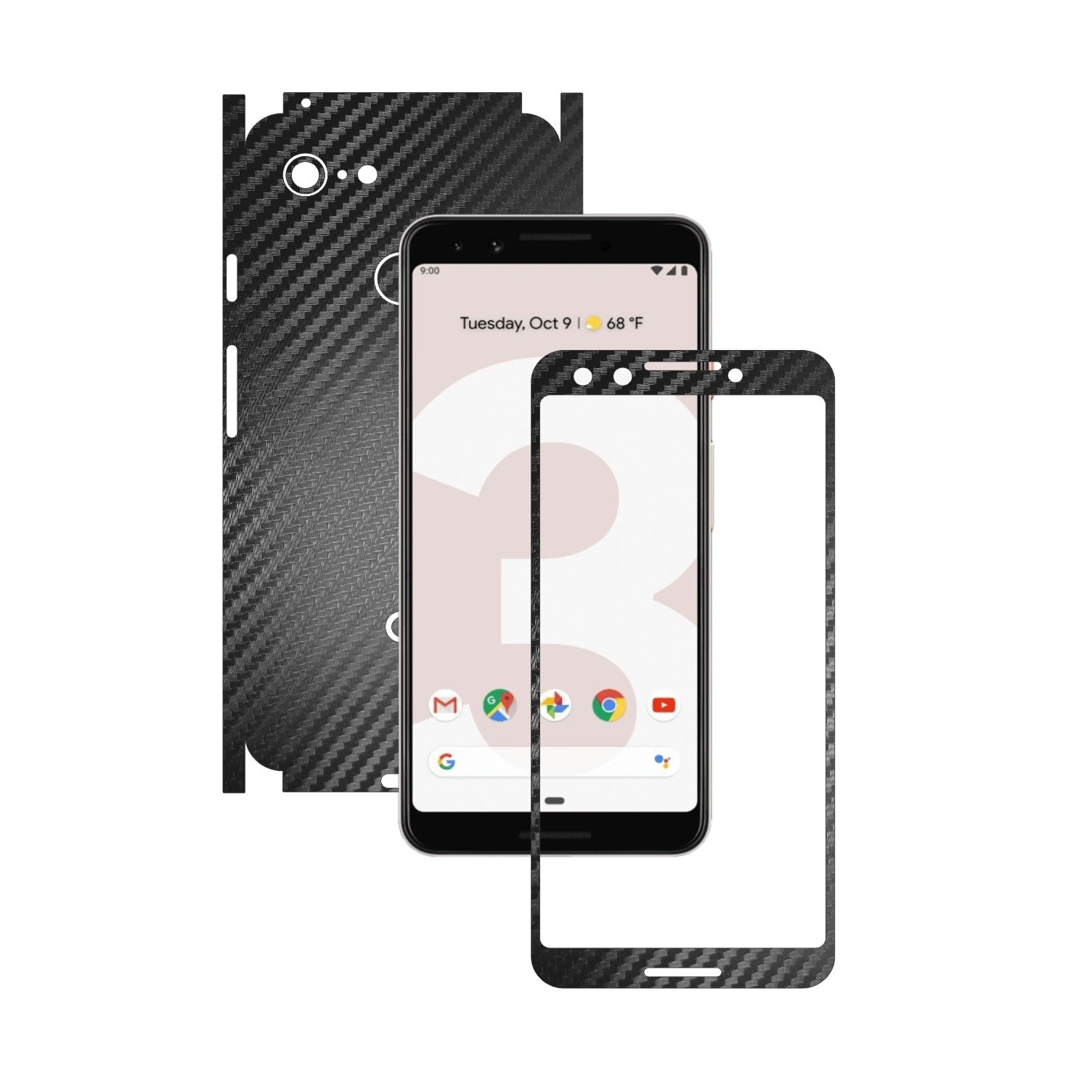 Folie de protectie Carbon Skinz pentru Google Pixel 3 - Carbon Negru 360 Cut, Skin Adeziv Full Body Cover pentru Rama Ecran, Carcasa Spate si Laterale