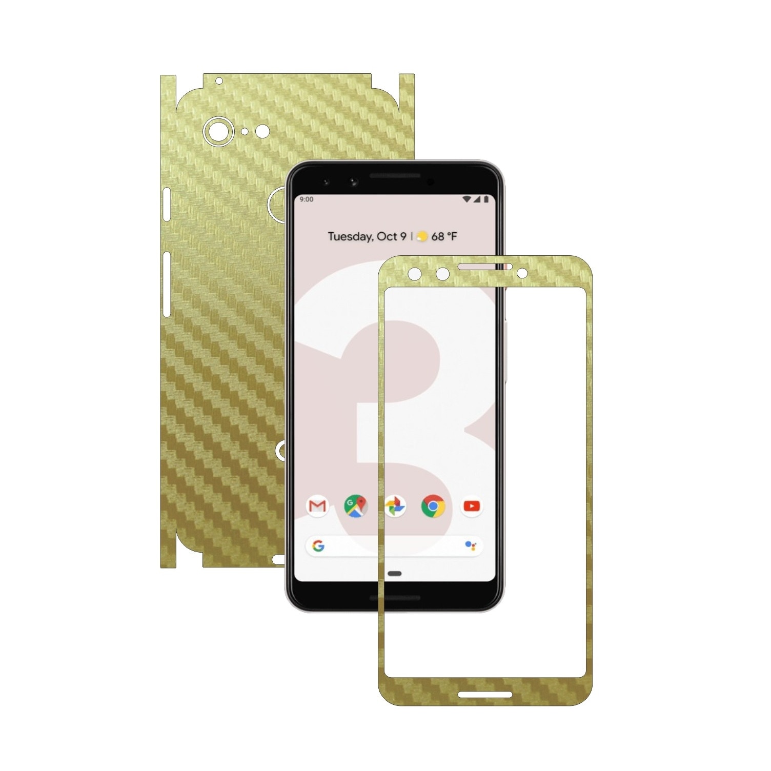 Folie de protectie Carbon Skinz pentru Google Pixel 3 - Carbon Auriu 360 Cut, Skin Adeziv Full Body Cover pentru Rama Ecran, Carcasa Spate si Laterale
