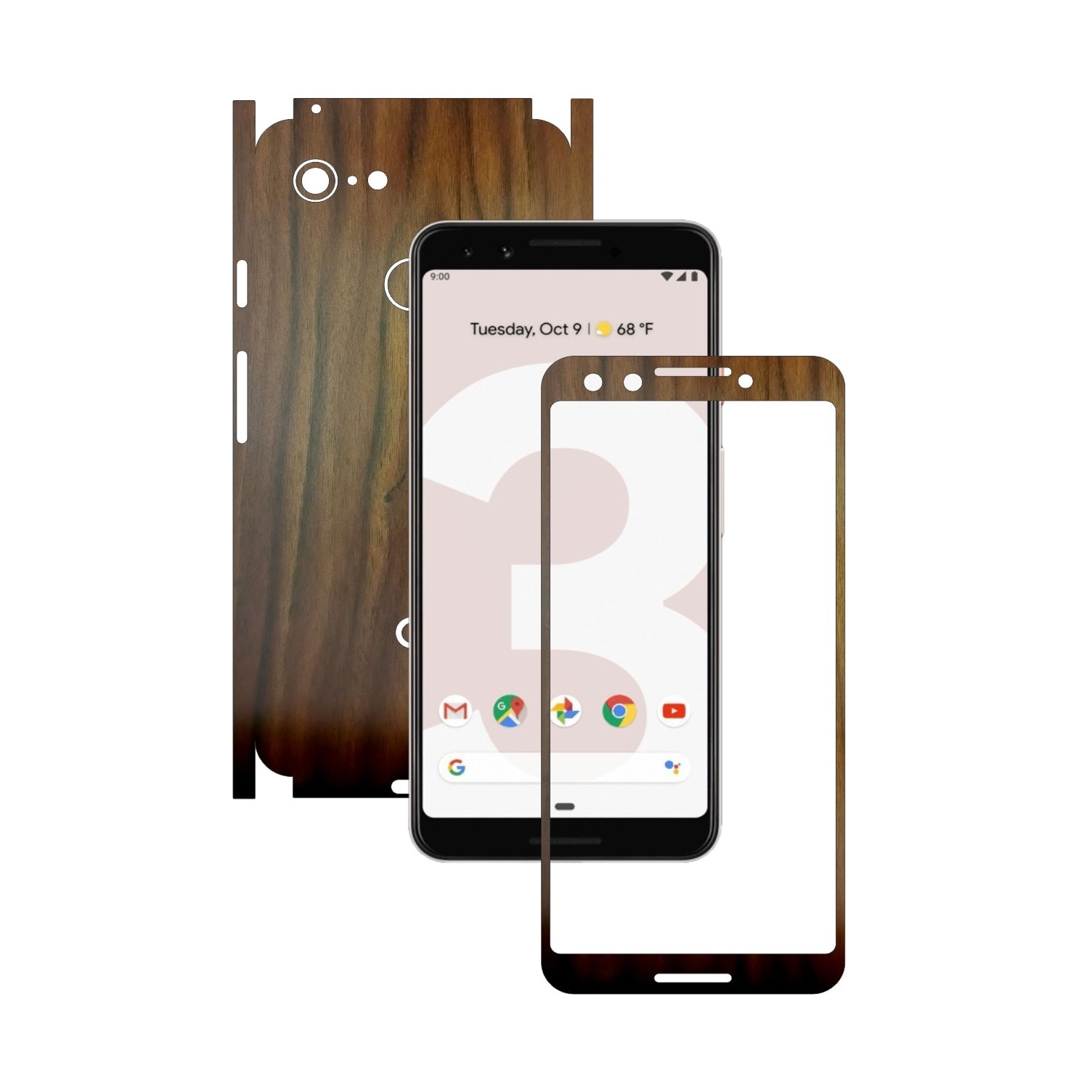 Folie Protectie Carbon Skinz pentru Google Pixel 3 - Lemn Nuc 360 Cut, Skin Adeziv Full Body Cover pentru Rama Ecran, Carcasa Spate si Laterale