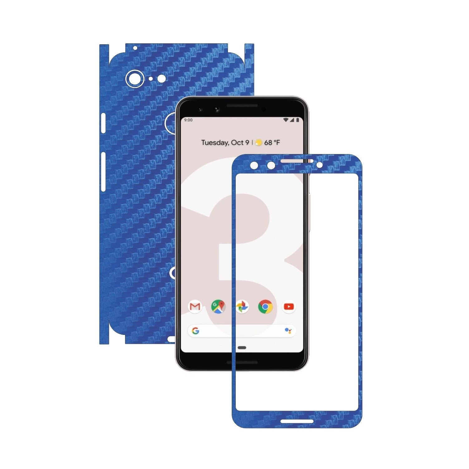 Folie de protectie Carbon Skinz pentru Google Pixel 3 - Carbon Albastru 360 Cut, Skin Adeziv Full Body Cover pentru Rama Ecran, Carcasa Spate si Laterale