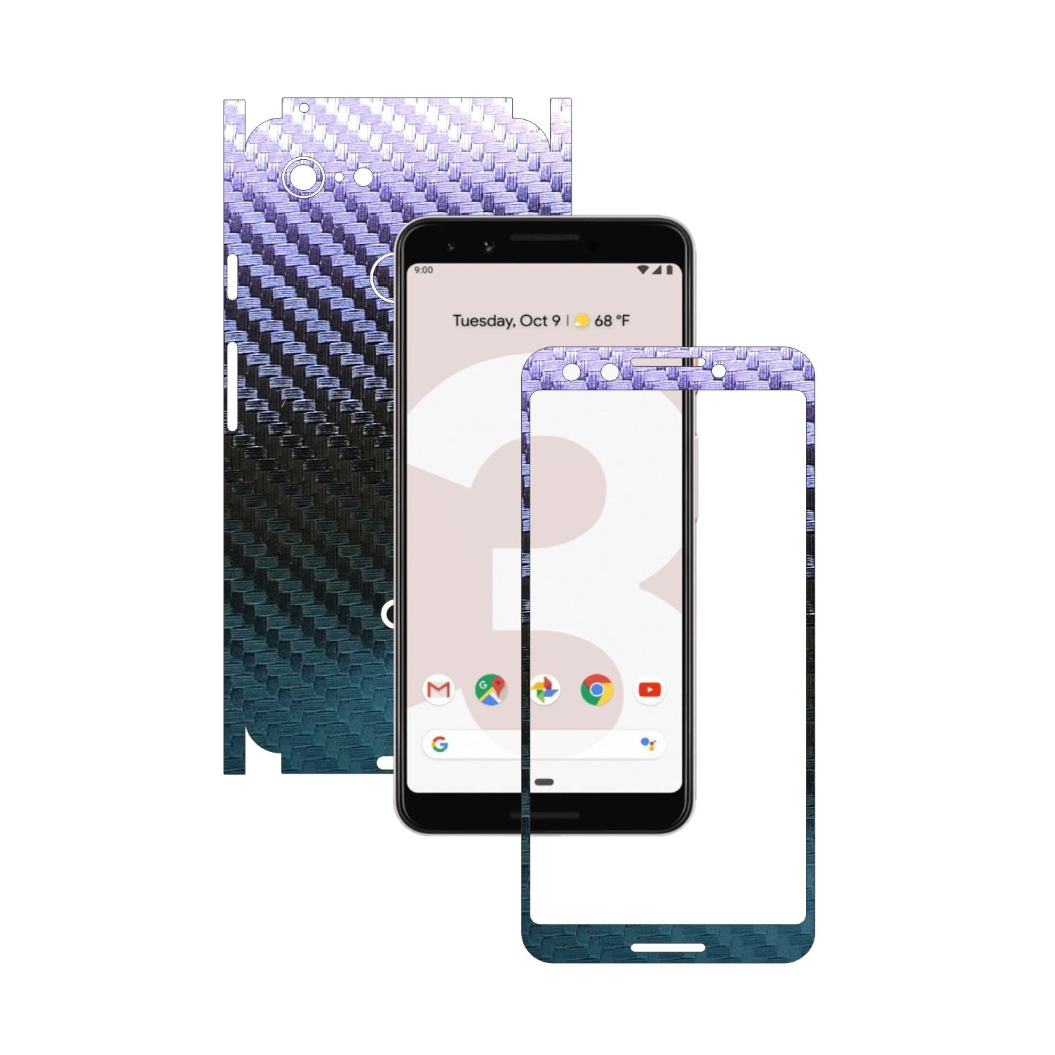 Folie de protectie Carbon Skinz pentru Google Pixel 3 - Carbon Cameleon 360 Cut, Skin Adeziv Full Body Cover pentru Rama Ecran, Carcasa Spate si Laterale
